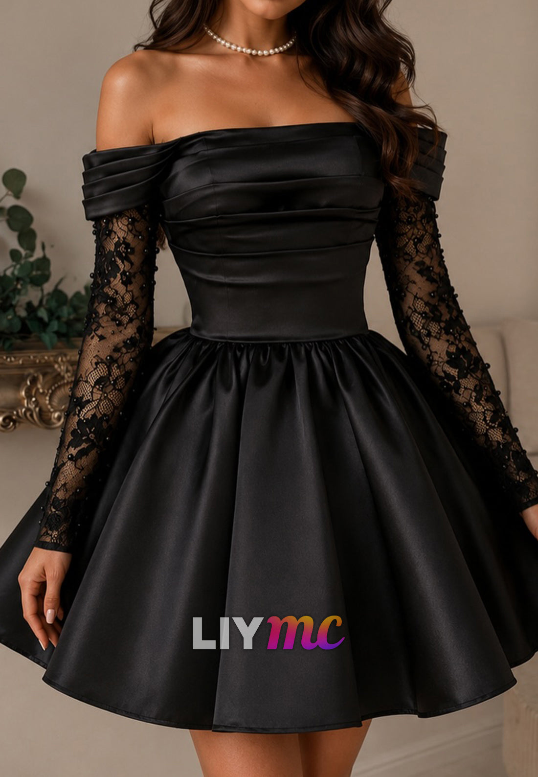 Off-the-Shoulder Lace Sleeve Pleated Mini Dress