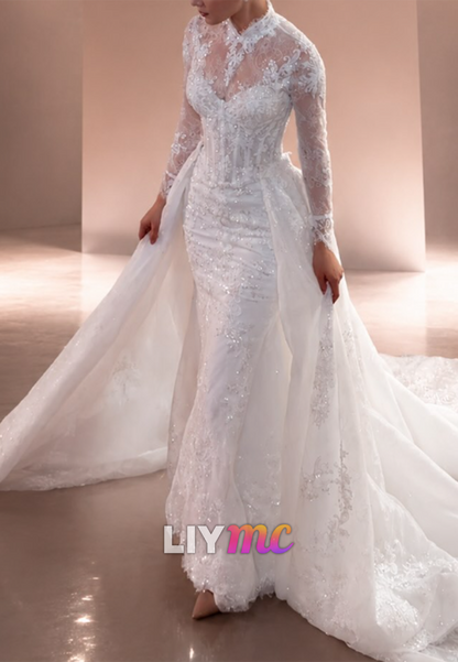 Lace High Neck Mermaid Wedding Dress with Train