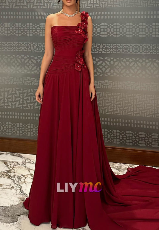 One-Shoulder Ruched Gown with Floral Appliques