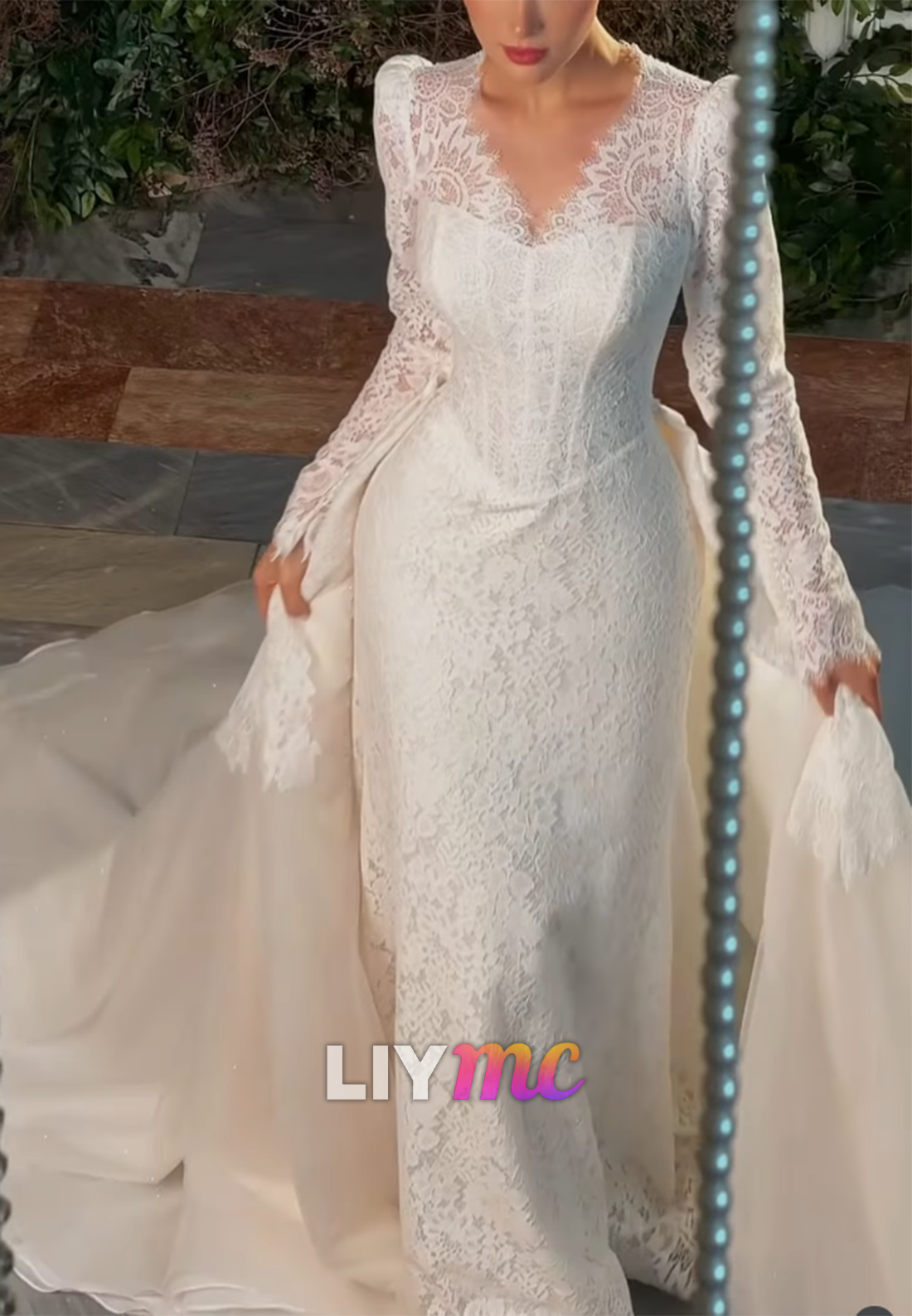 Lace Long Sleeve Wedding Dress with Overskirt