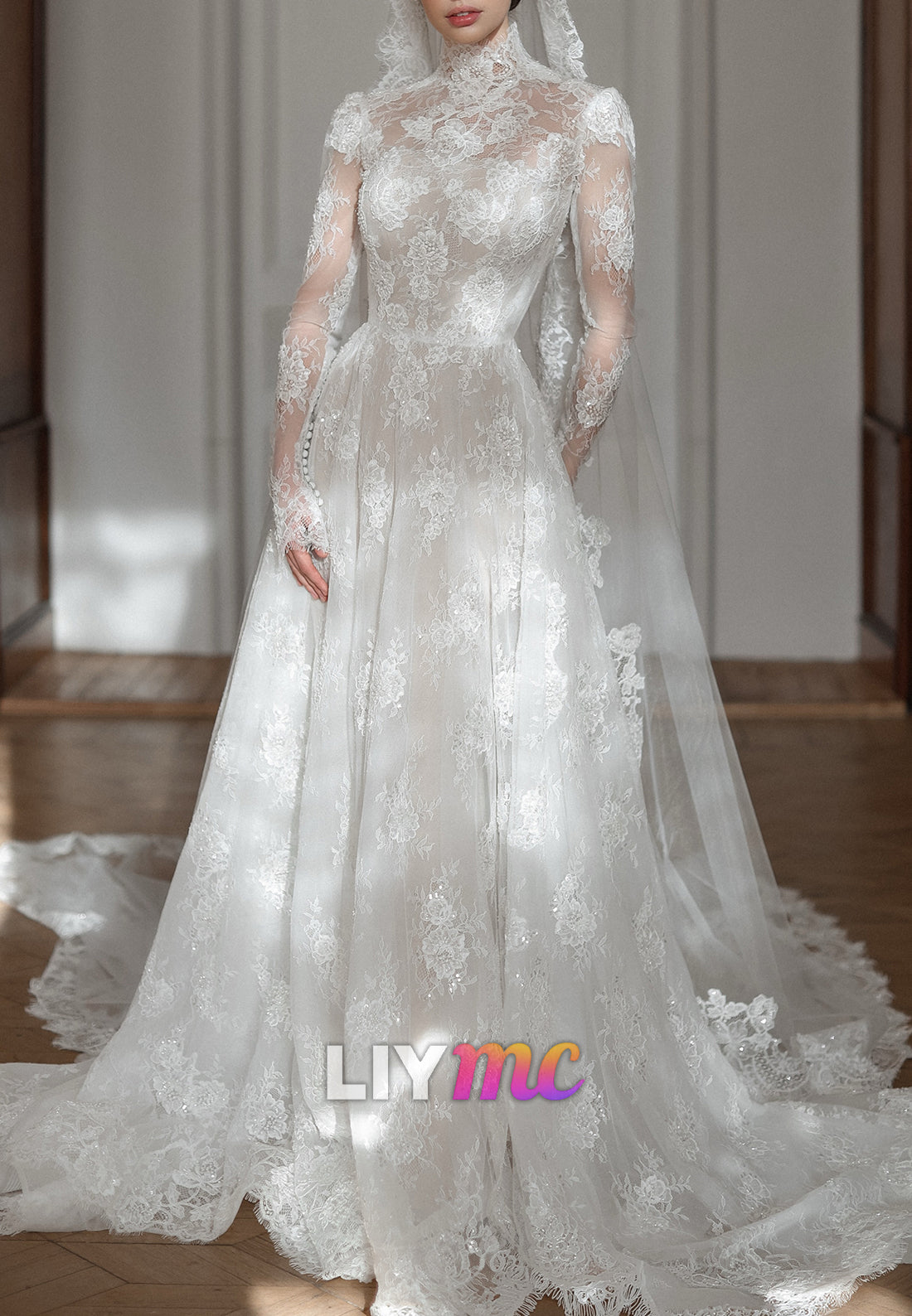 High-Neck A-Line Lace Wedding Dress with Long Sleeves