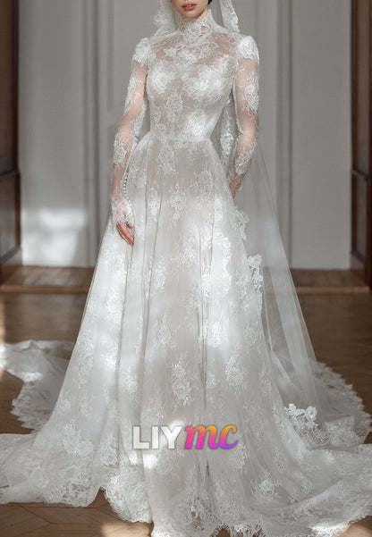 High-Neck A-Line Lace Wedding Dress with Long Sleeves