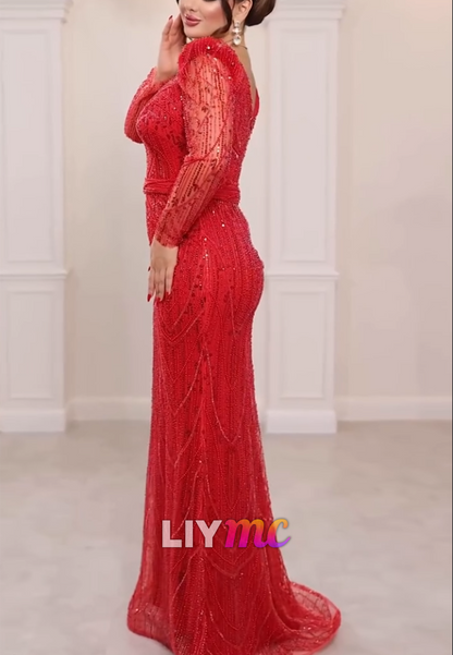 Beaded Sequin Mermaid Evening Gown Long Sleeve
