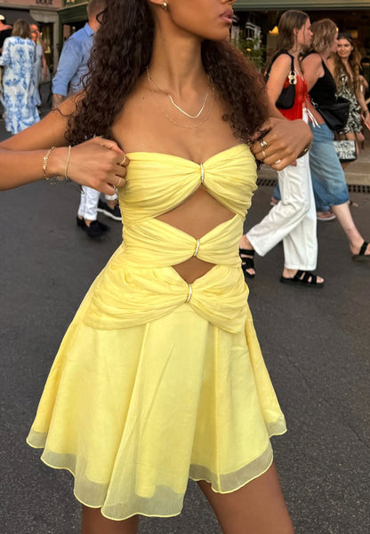 Strapless Rhinestone Ruched Cut-Out Mini Dress