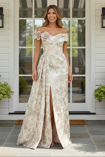 Off-the-Shoulder Floral Jacquard Evening Gown