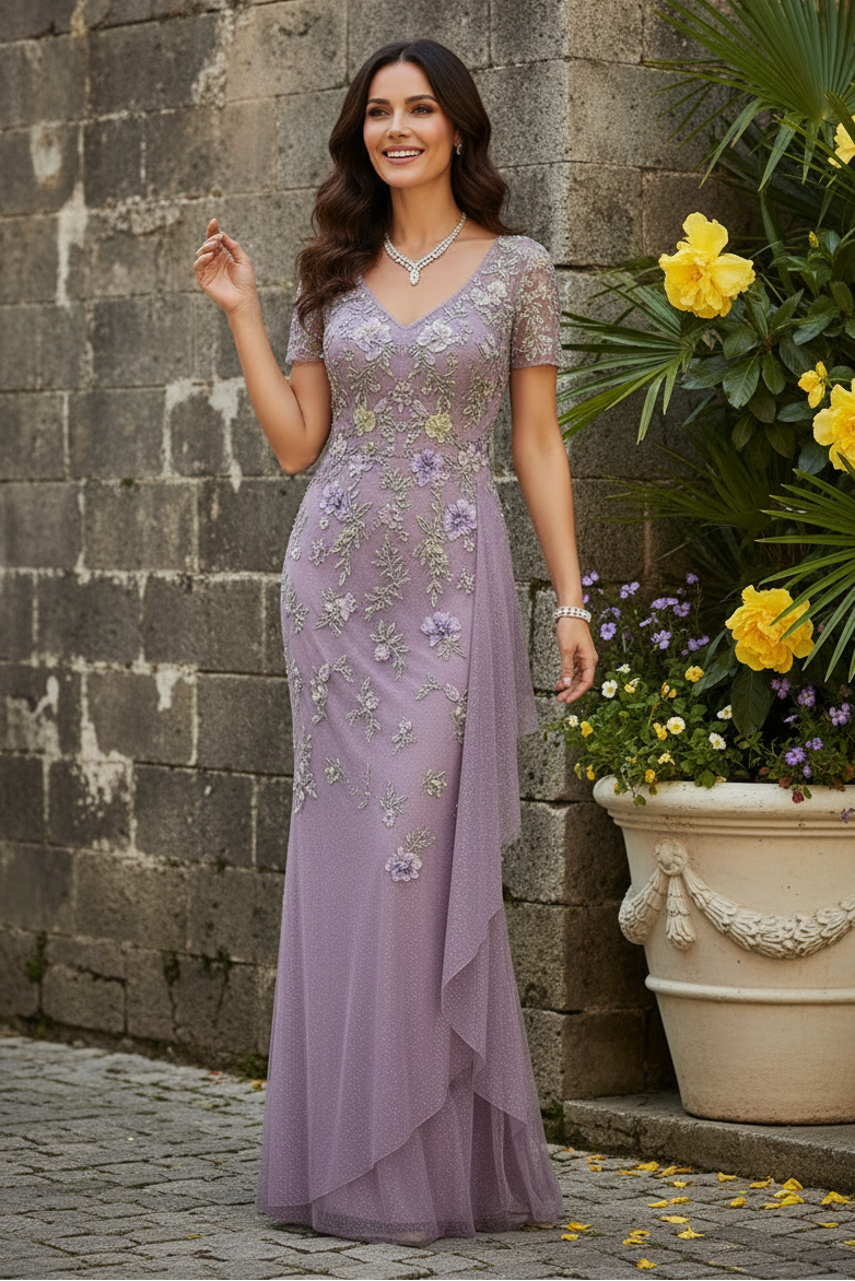 V-Neck Floral Embroidered Gown with Side Draping