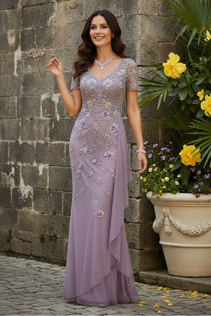 V-Neck Floral Embroidered Gown with Side Draping