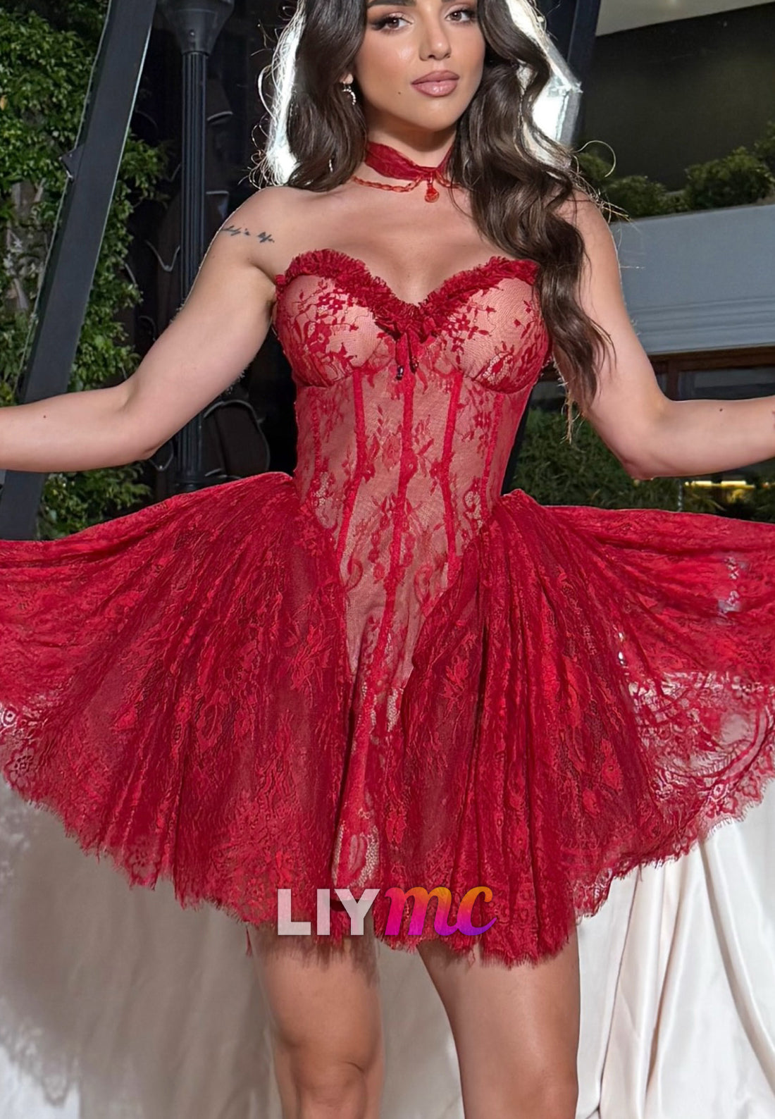 Strapless Lace Corset Mini Dress with Bubble Skirt