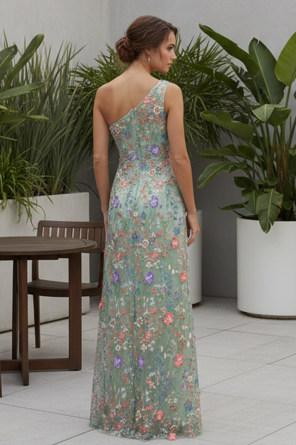 One Shoulder Floral Embroidered Evening Gown