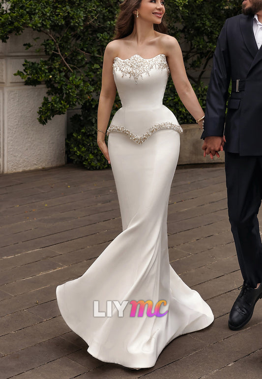 Strapless Pearl Beaded Mermaid Wedding Gown
