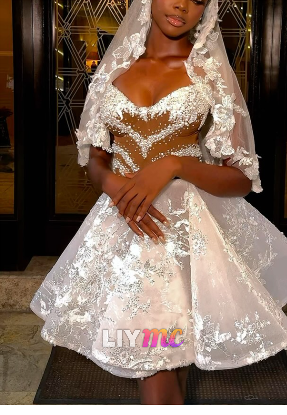 Beaded Illusion Bodice Lace Short Dress