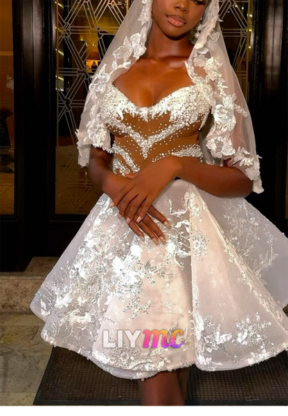Beaded Illusion Bodice Lace Short Dress