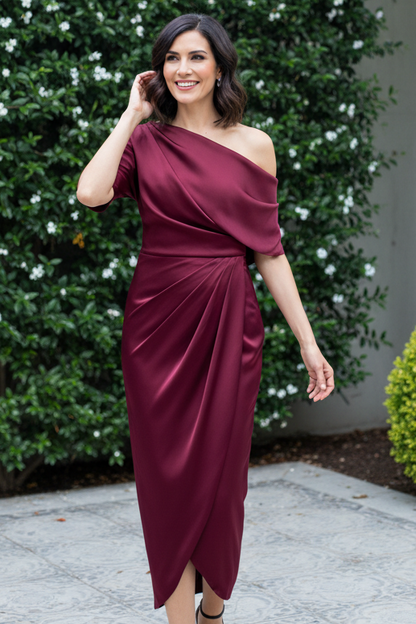 One-Shoulder Draped Satin Midi Dress