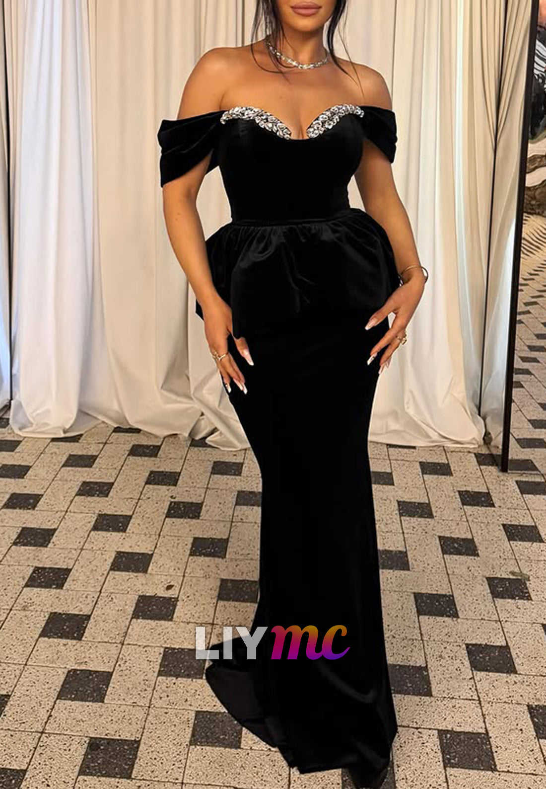 Velvet Off-the-Shoulder Peplum Gown with Crystals