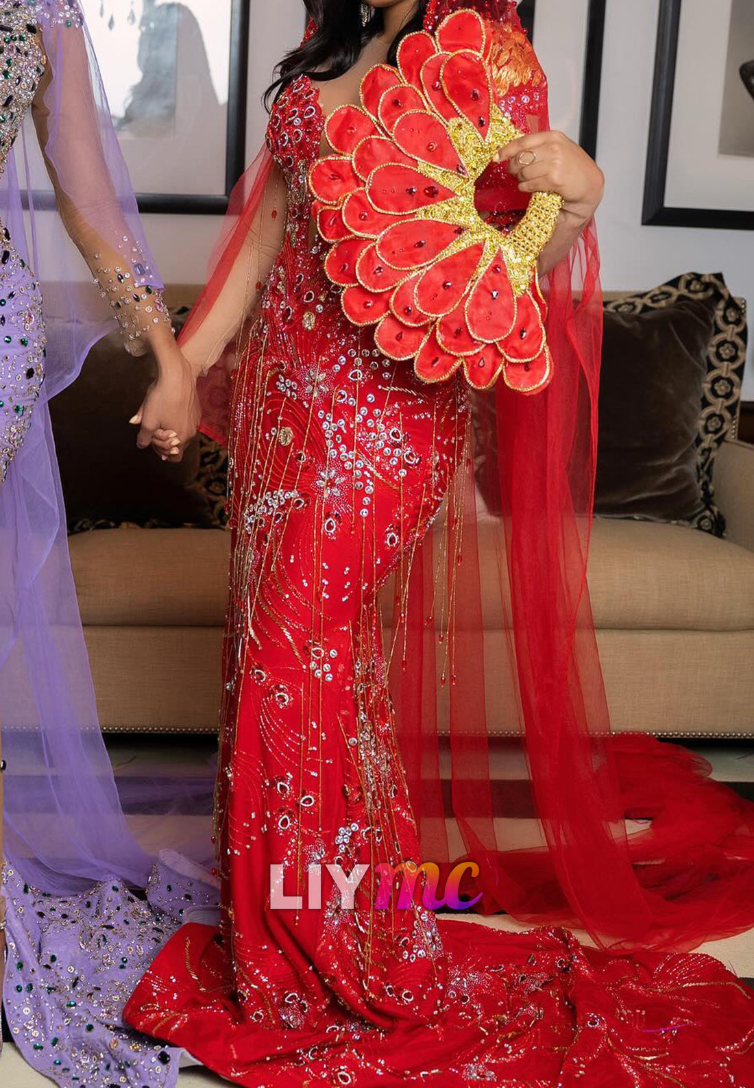 Beaded Plunging Mermaid Evening Dress with Cape