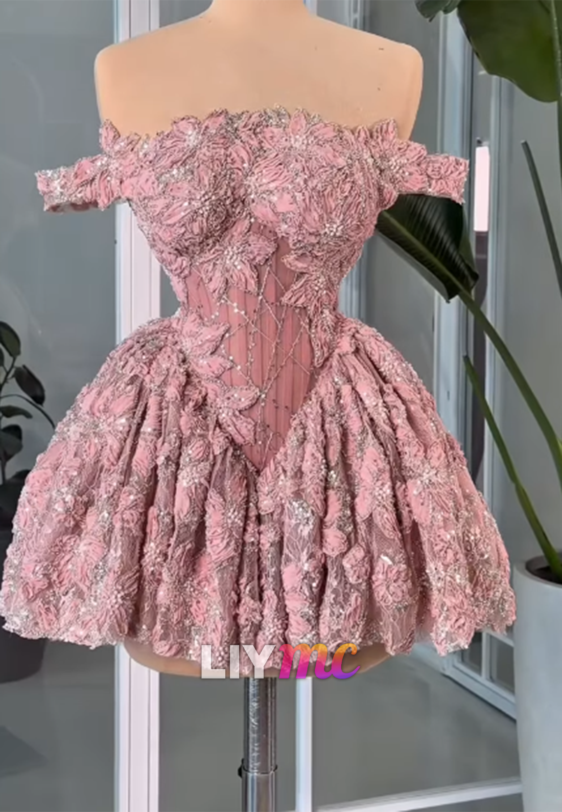 3D Floral Off-the-Shoulder Corset Mini Dress