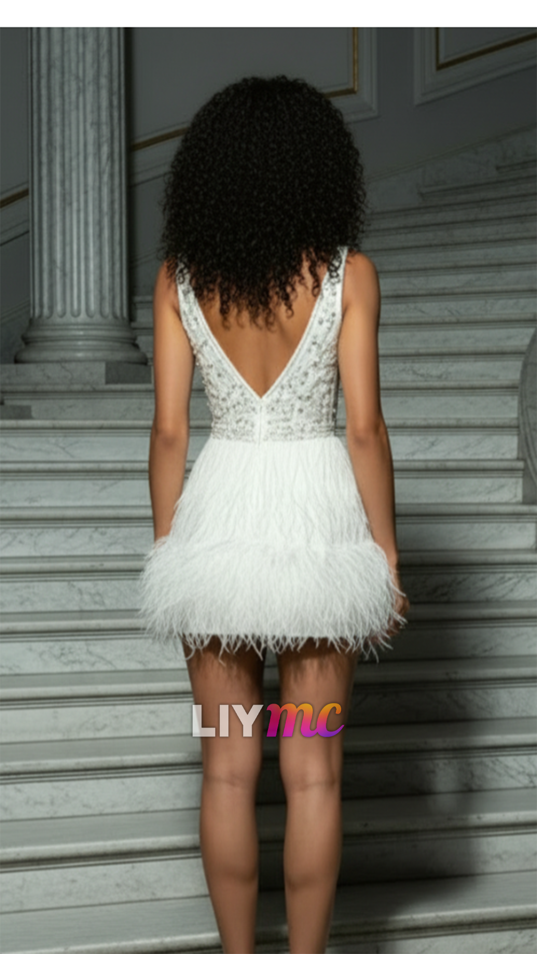 Beaded Deep V-Neck Feather Mini Dress