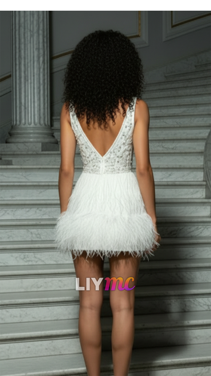 Beaded Deep V-Neck Feather Mini Dress