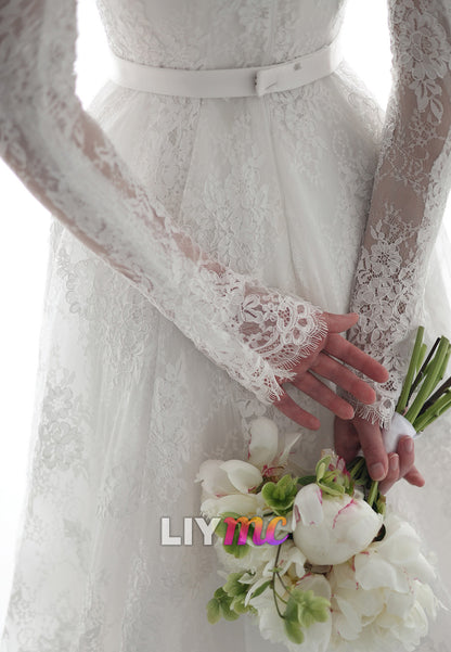 High Neck Lace A-Line Wedding Dress with Long Sleeves