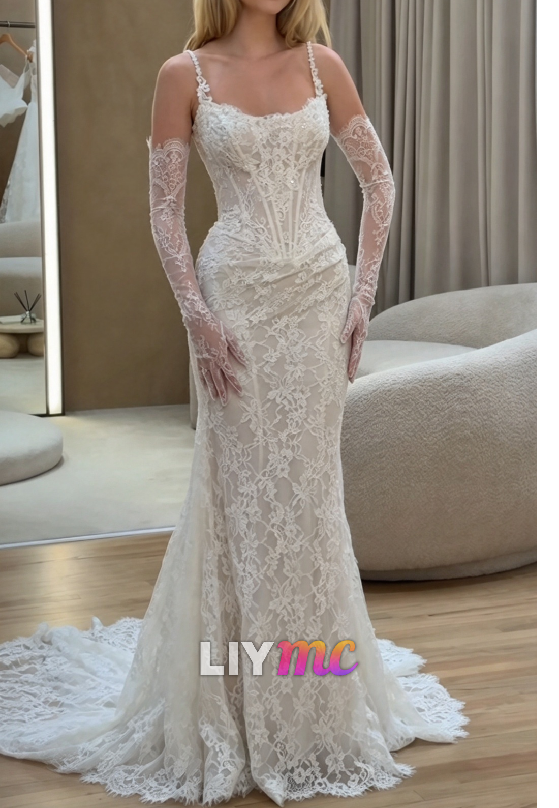 Lace Corset Mermaid Wedding Dress with Gloves