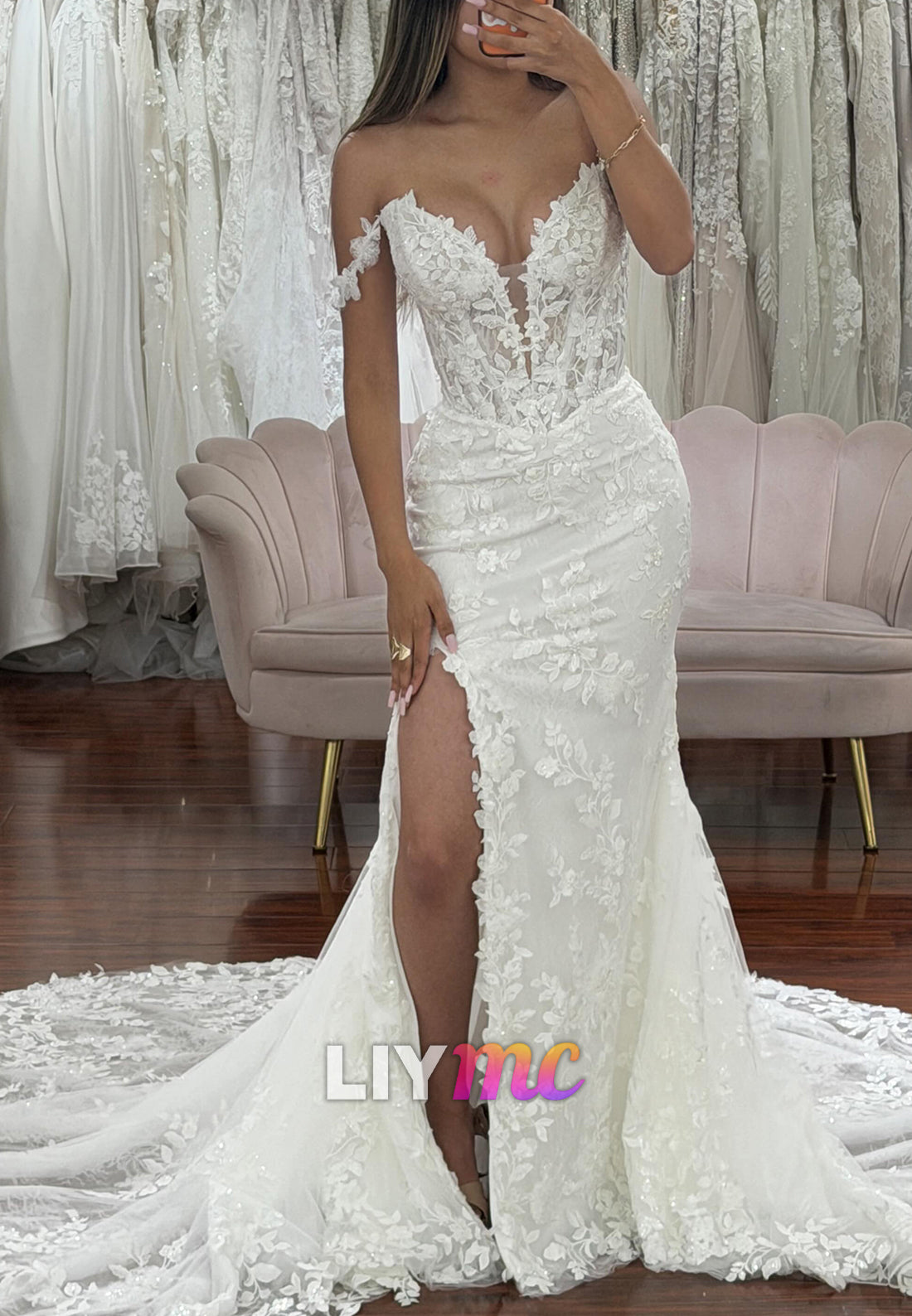 Lace Applique Corset Wedding Dress with Slit