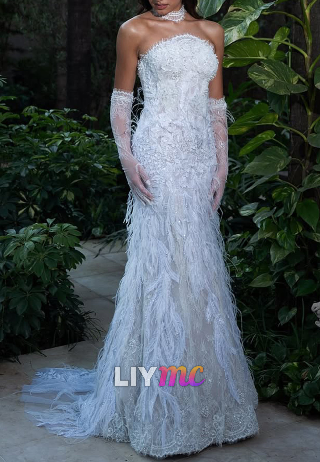 Strapless Feather Lace Floor-Length Gown