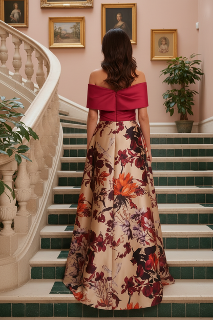 Off-the-Shoulder Floral Print Evening Gown