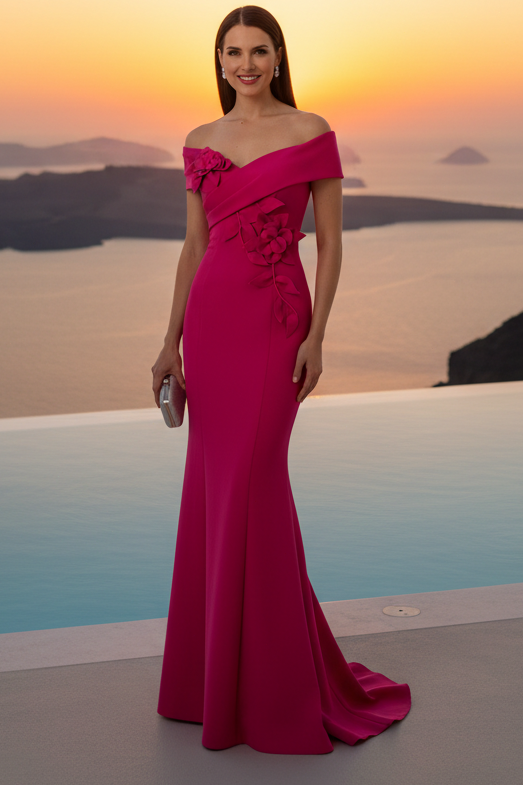 Off-Shoulder Mermaid Gown with 3D Floral Applique