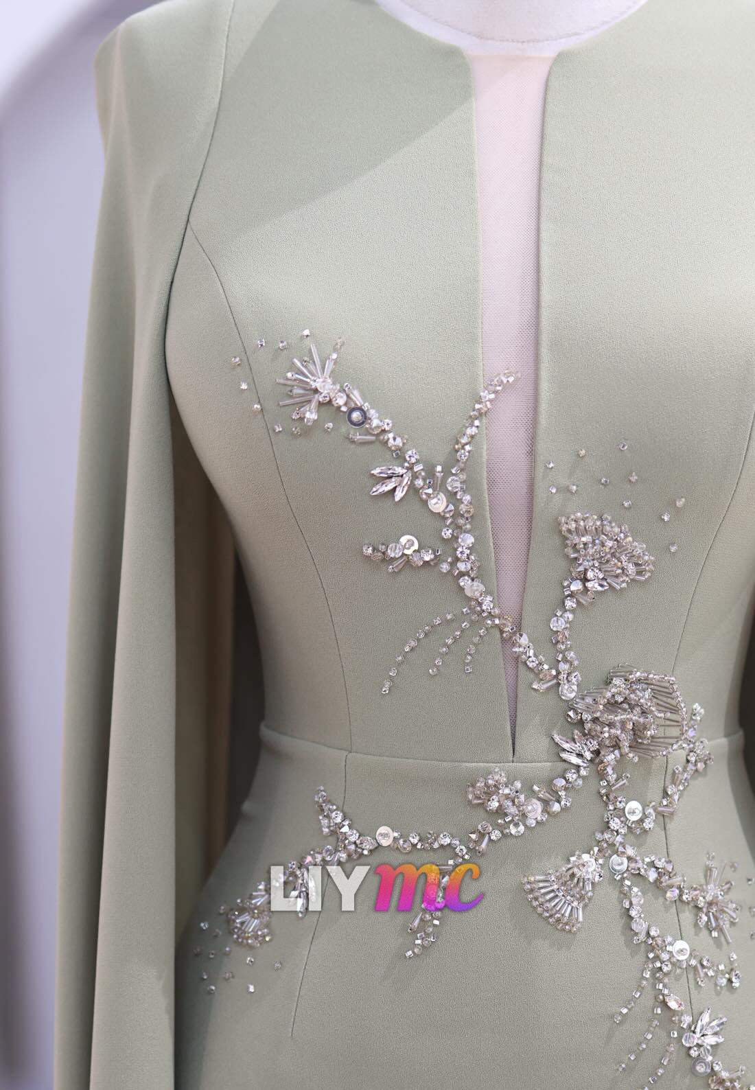 Crepe Sheath Evening Gown with Cape and Crystal Beadwork