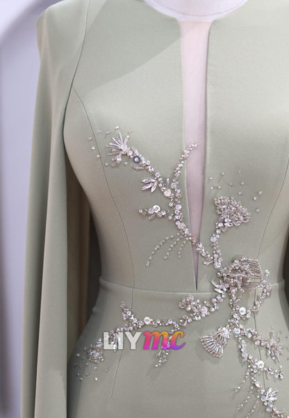 Crepe Sheath Evening Gown with Cape and Crystal Beadwork