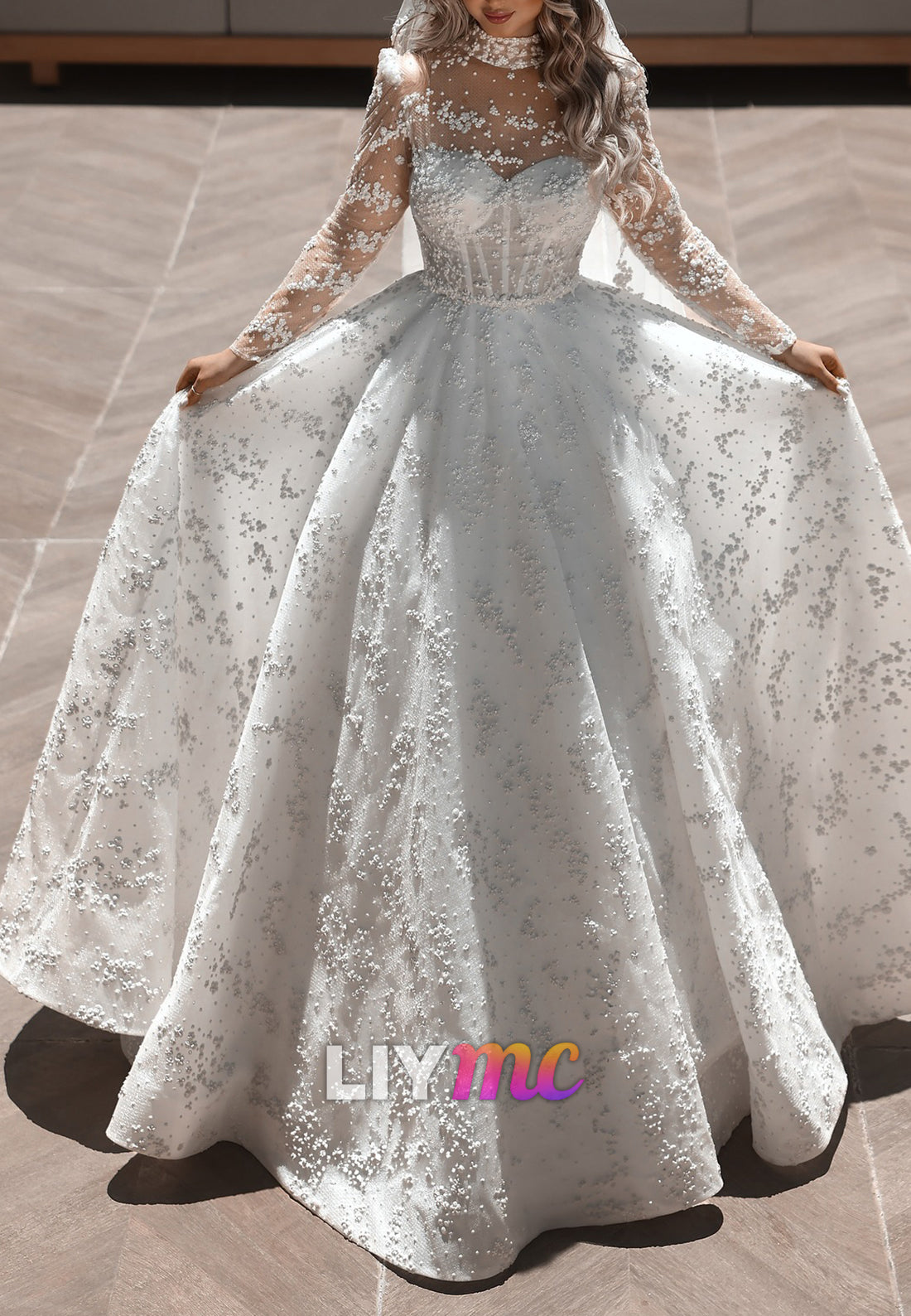 Pearl-Beaded Illusion Long Sleeve Ball Gown Wedding Dress