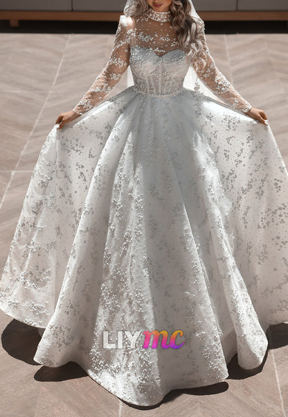 Pearl-Beaded Illusion Long Sleeve Ball Gown Wedding Dress