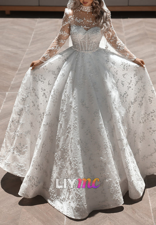 Pearl-Beaded Illusion Long Sleeve Ball Gown Wedding Dress