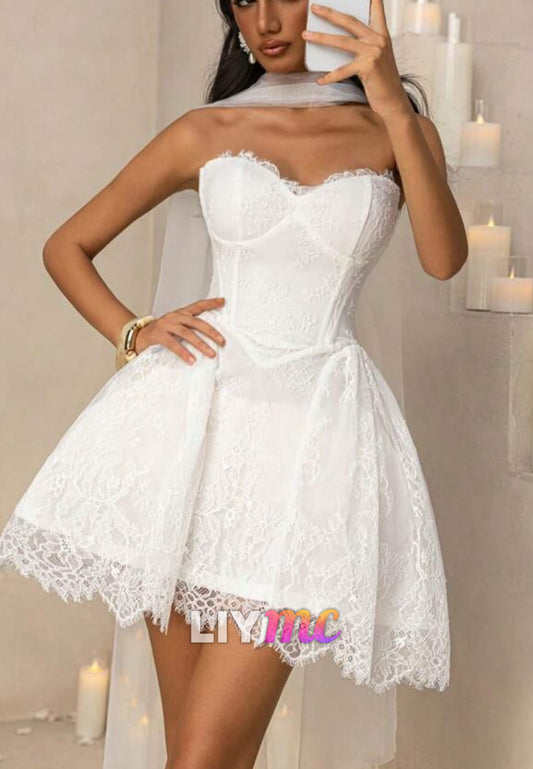 Strapless Lace Corset Mini Wedding Dress with Watteau Train