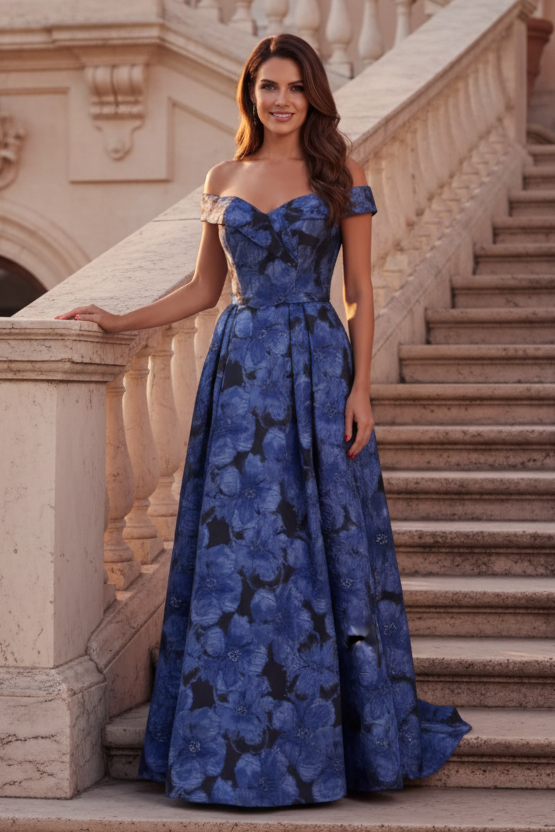 Off-the-Shoulder Floral Jacquard A-Line Gown