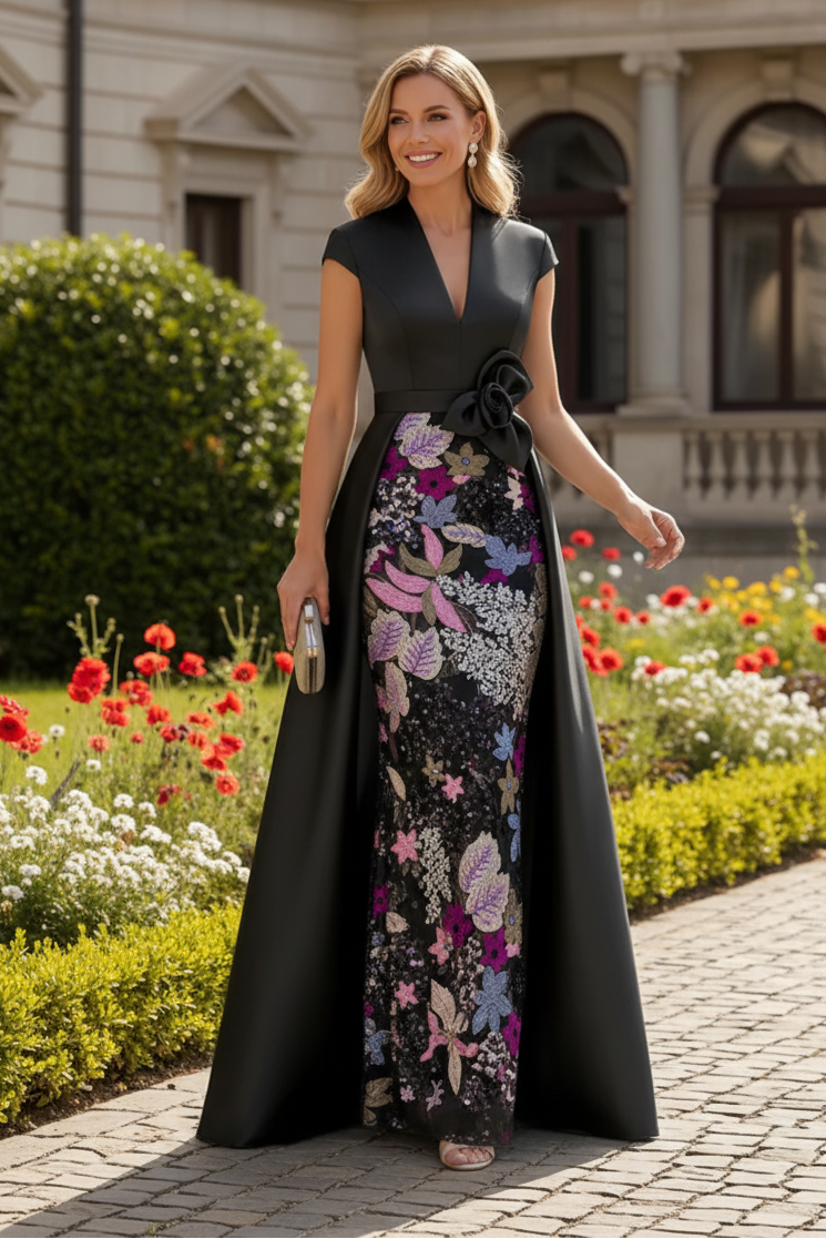 Cap Sleeve Evening Gown with Floral Skirt and Overskirt