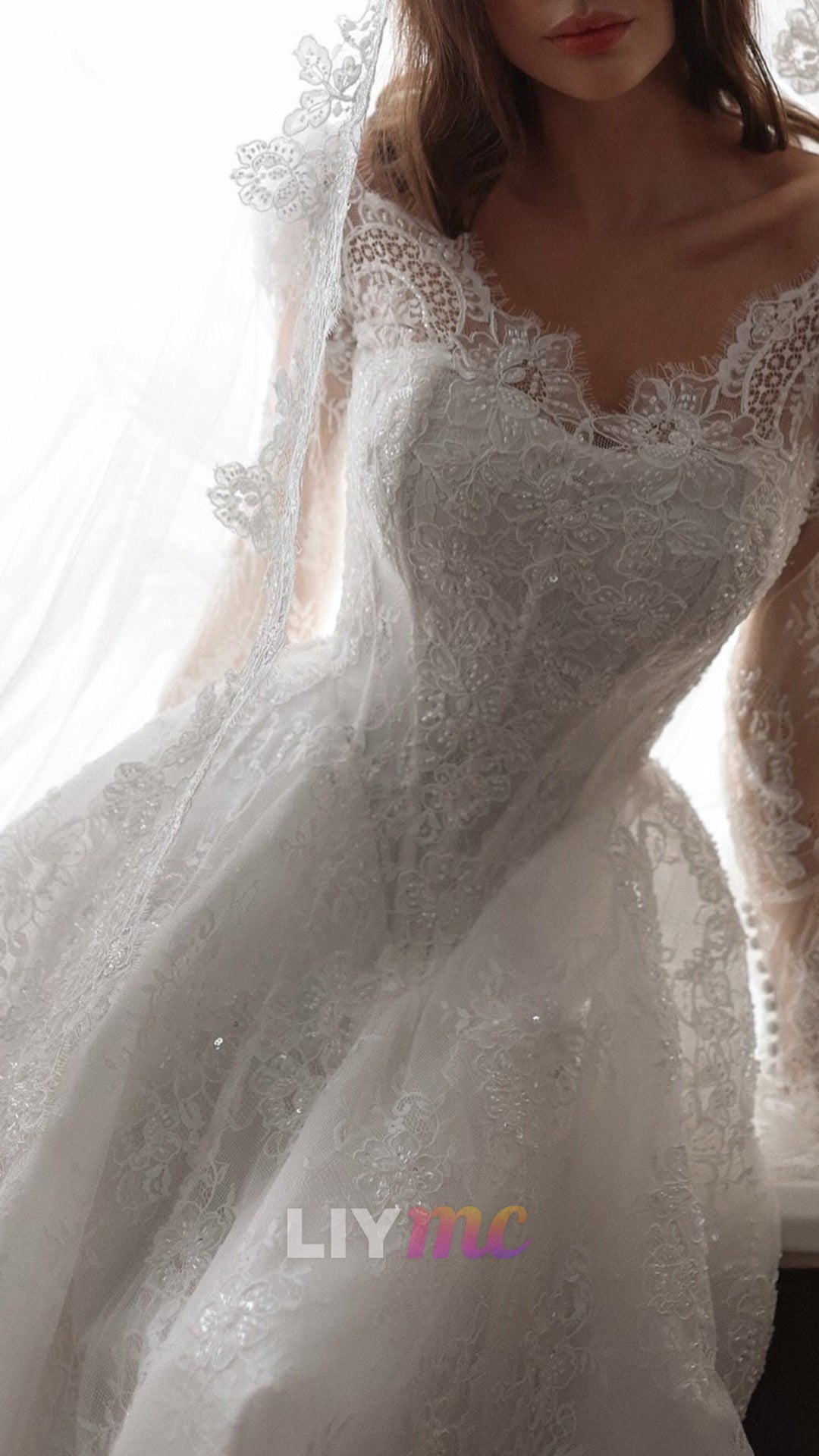 Lace Long-Sleeve Ball Gown Wedding Dress