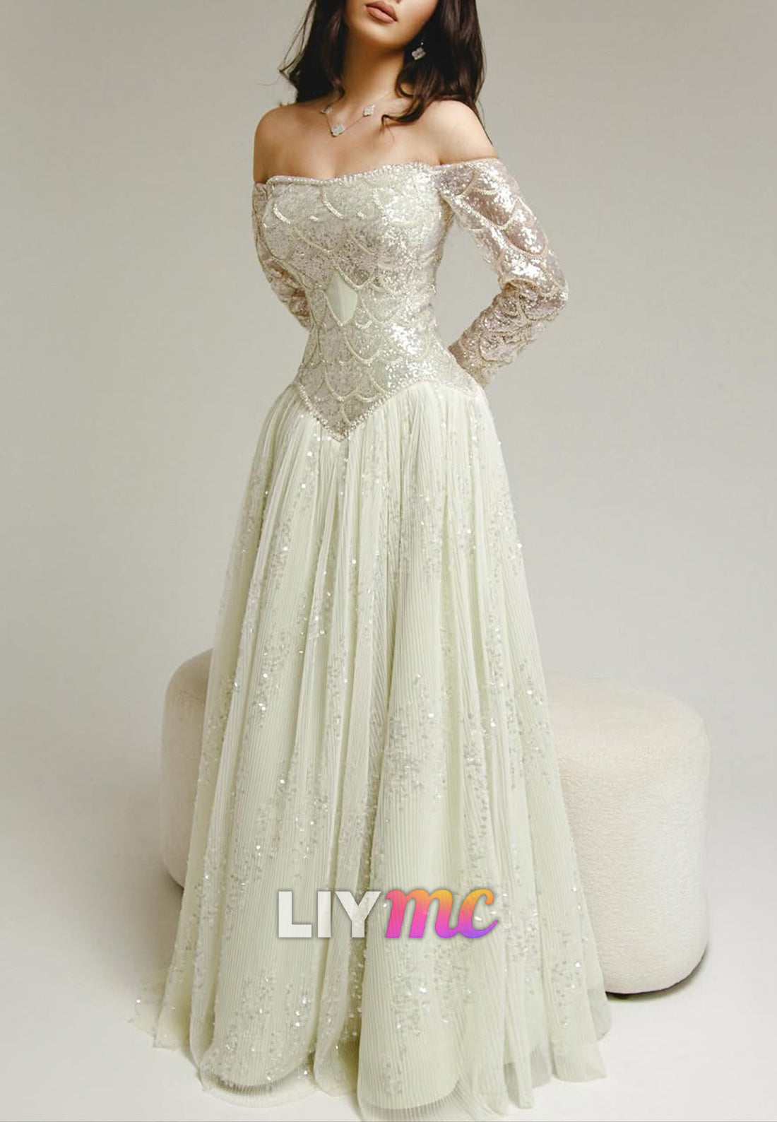 Off-the-Shoulder Sequin Long Sleeve A-Line Gown