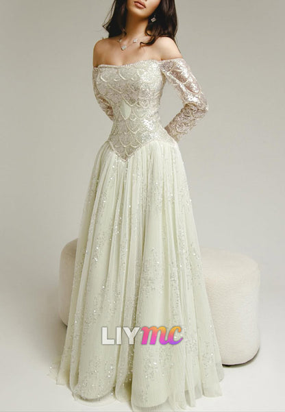 Off-the-Shoulder Sequin Long Sleeve A-Line Gown