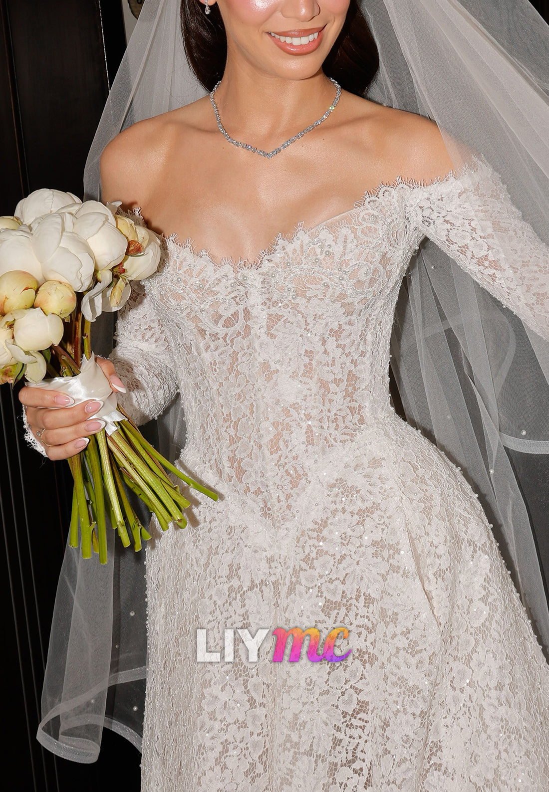 Off-the-Shoulder Lace Long Sleeve A-Line Wedding Dress