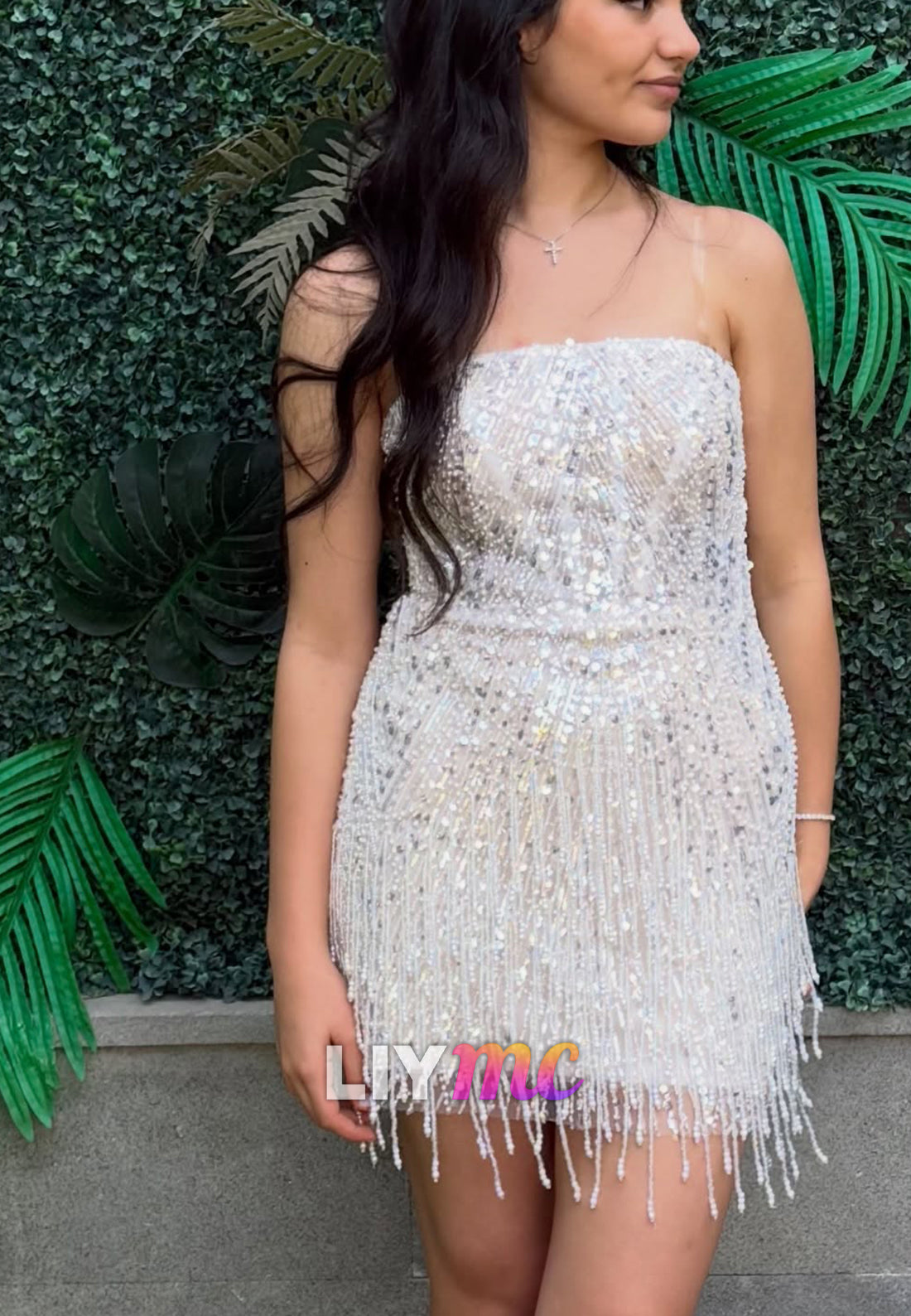 Sequin Beaded Fringe Strapless Mini Dress