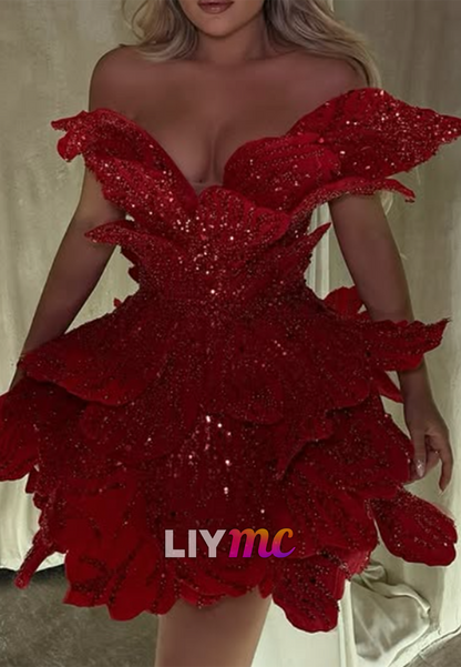 Off-The-Shoulder Tiered Petal Sequin Mini Dress