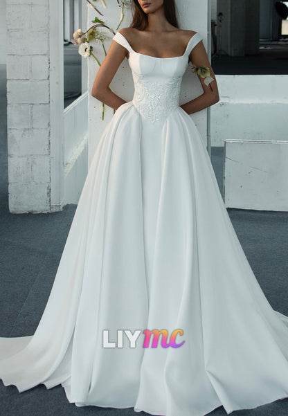 Off-the-Shoulder Satin Wedding Gown with Beaded Lace Waist