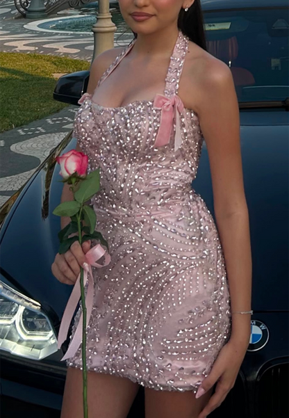 Rhinestone Embellished Halter Bodycon Mini Dress