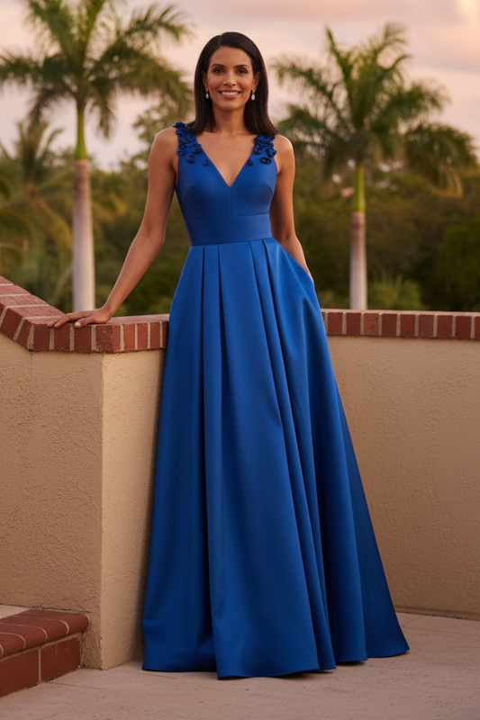 A-Line V-Neck Pleated Satin Gown with 3D Florals