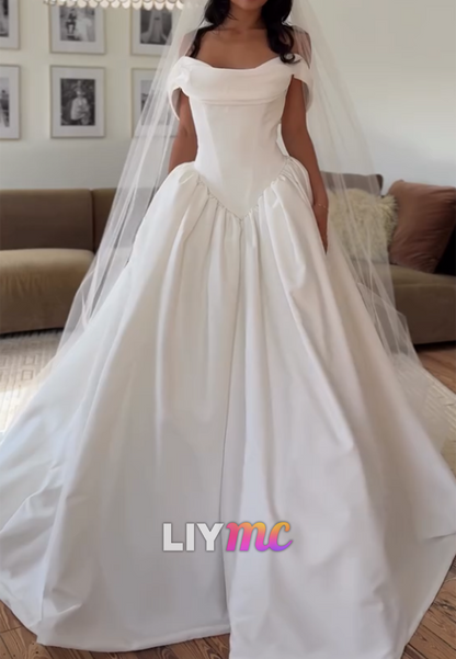 Off-the-Shoulder Basque Waist Satin Ball Gown Wedding Dress