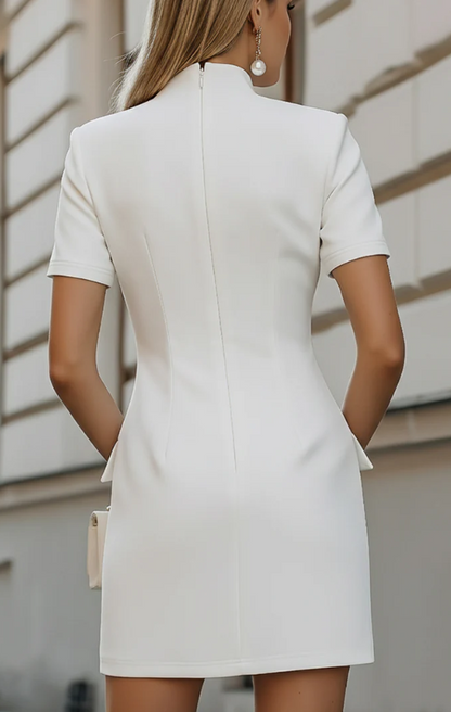 Tailored High-Neck Short-Sleeve Mini Dress