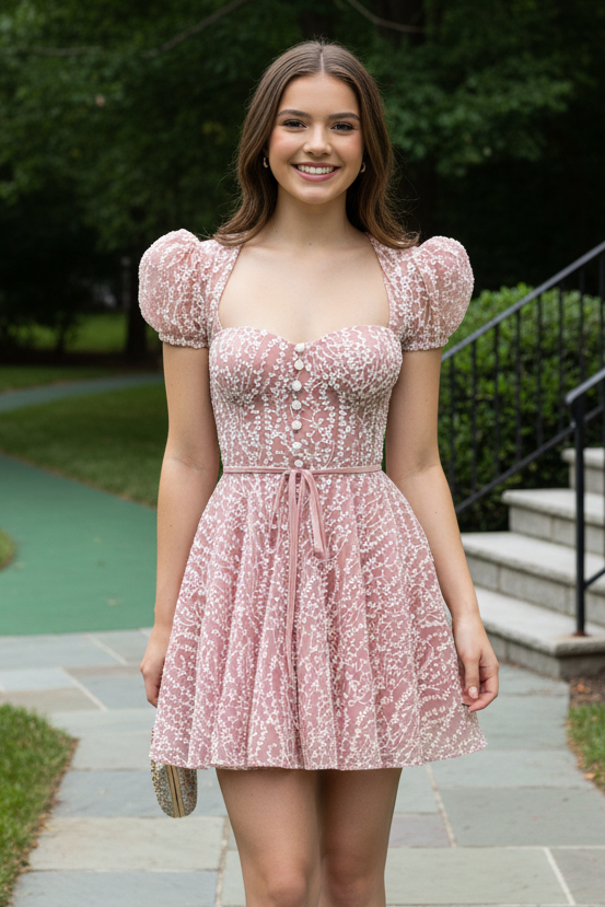 Floral Embroidered Puff Sleeve Mini Dress