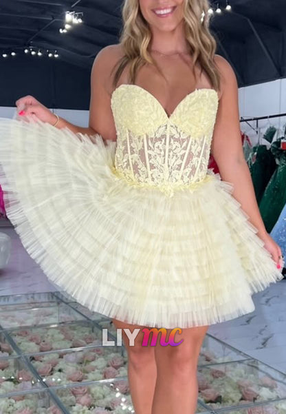 Strapless Tiered Tulle Mini Dress with Lace Corset Bodice
