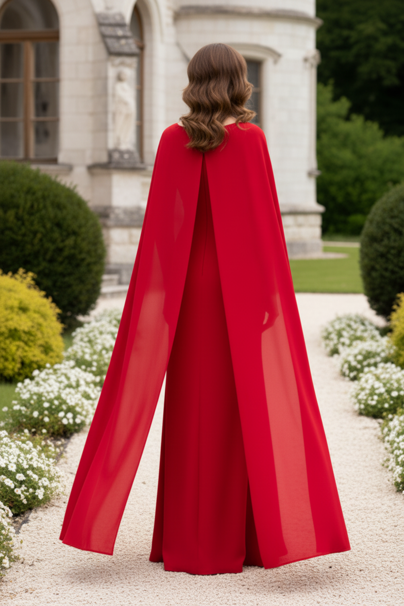 Beaded Column Gown with Cape Overlay